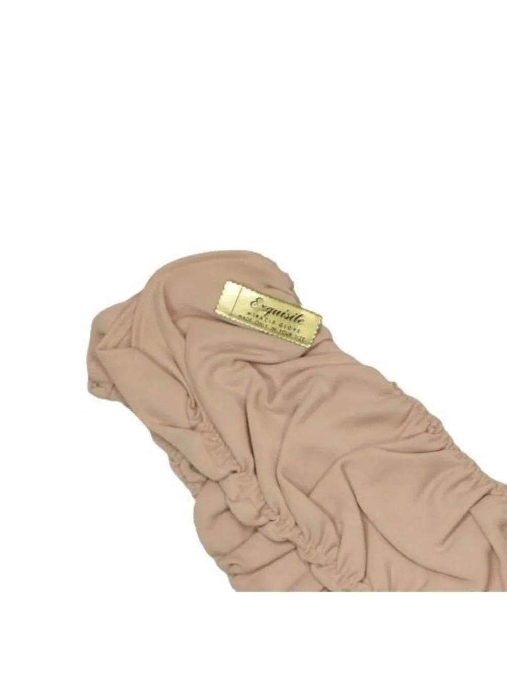 Vintage Exquisite Miracle Gloves Beige Nylon Elbow Length Formal Prom USA Made